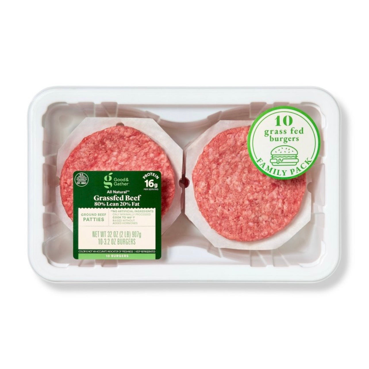 Fresh Grass Fed Beef Burger Patties 80/20 - 10ct/ 32oz - Good & Gather