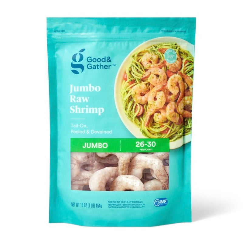 Jumbo Tail On Peeled & Deveined Raw Shrimp - Frozen - 26-30ct per Ib/16oz - Good & Gather™