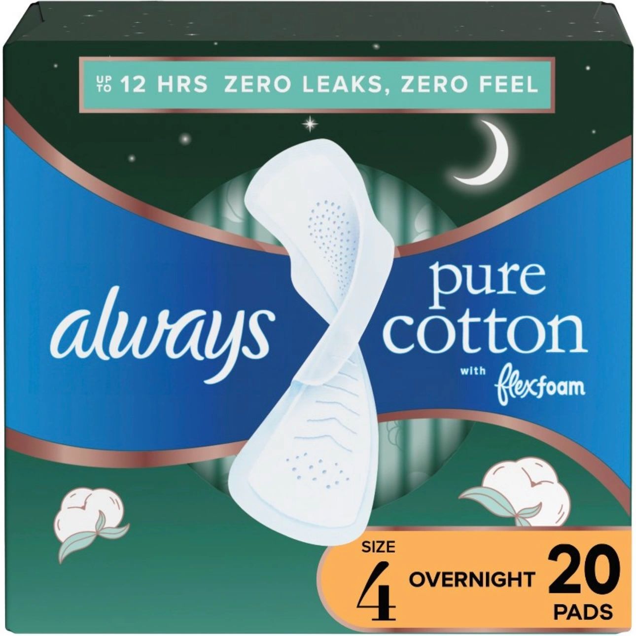 Always Pure Cotton Overnight Pads with Wings - Size 4 - 20ct