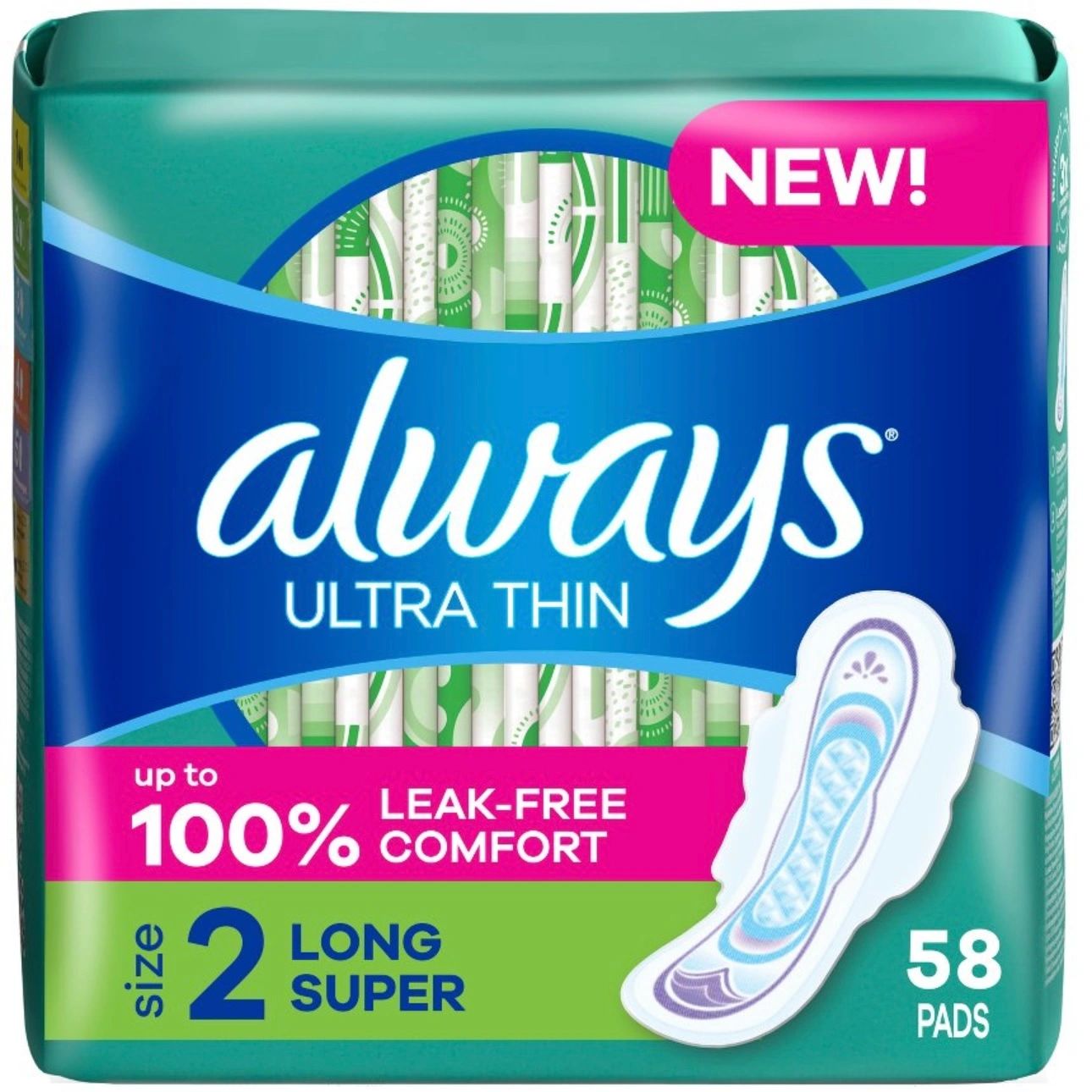 Always Long Absorbency Unscented Ultra Thin Pads with Wings - Size 2 - 58ct