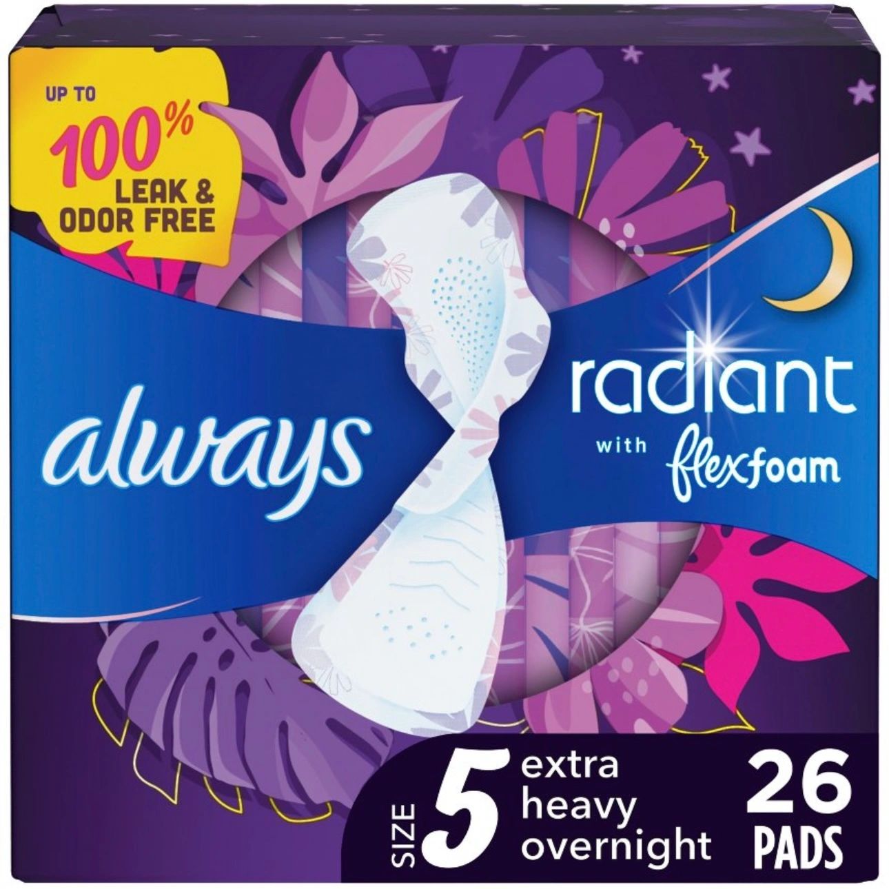 Always Radiant Extra Heavy Absorbency Overnight Sanitary Pads with Wings - Scented - Size 5 - 26ct