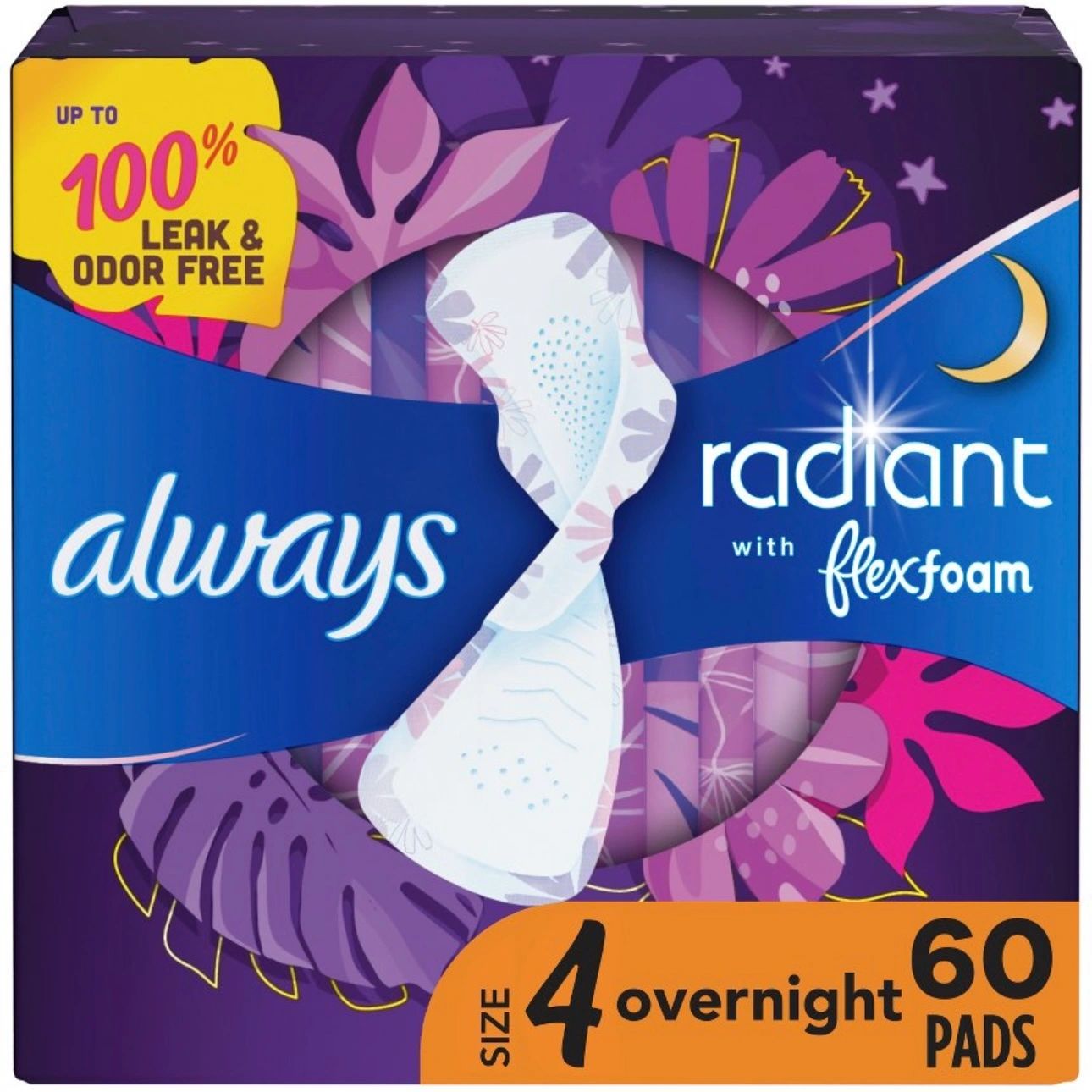 Always Radiant Overnight Sanitary Pads with Wings - Scented - Size 4 - 60ct