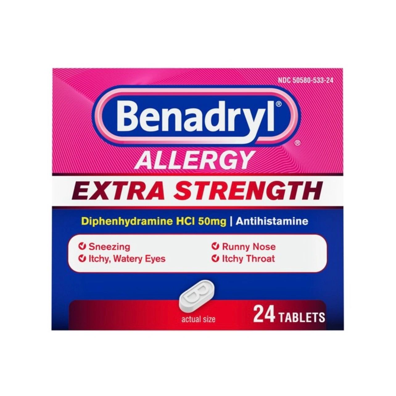 Benadryl Extra Strength Diphenhydramine Antihistamine Allergy Relief Tablets - 24ct