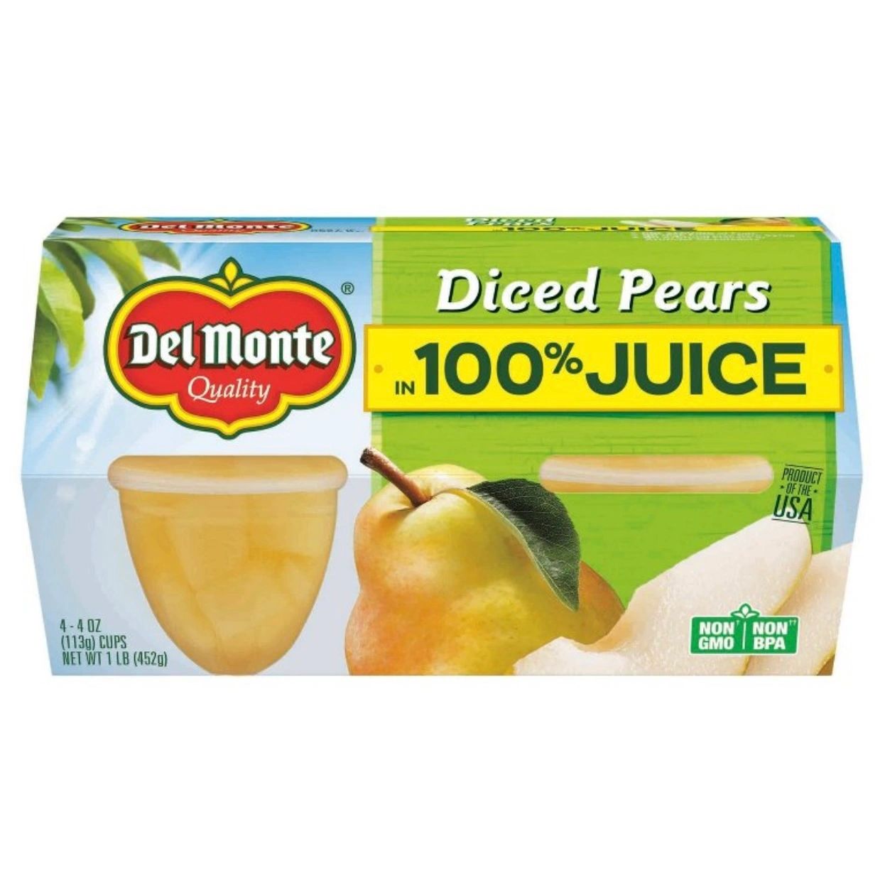 Del Monte Diced Pears In 100% Juice Fruit Cups 4pk - 4oz