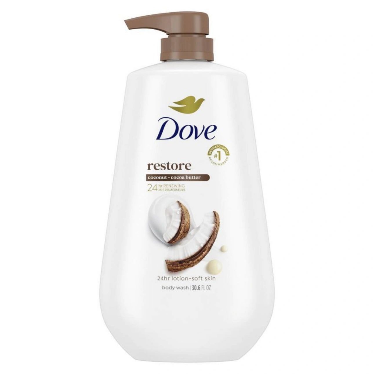 Dove Restore Body Wash Pump - Coconut & Cocoa Butter 24hr Lotion-Soft Skin - Vegan & PETA Approved - 30.6 fl oz
