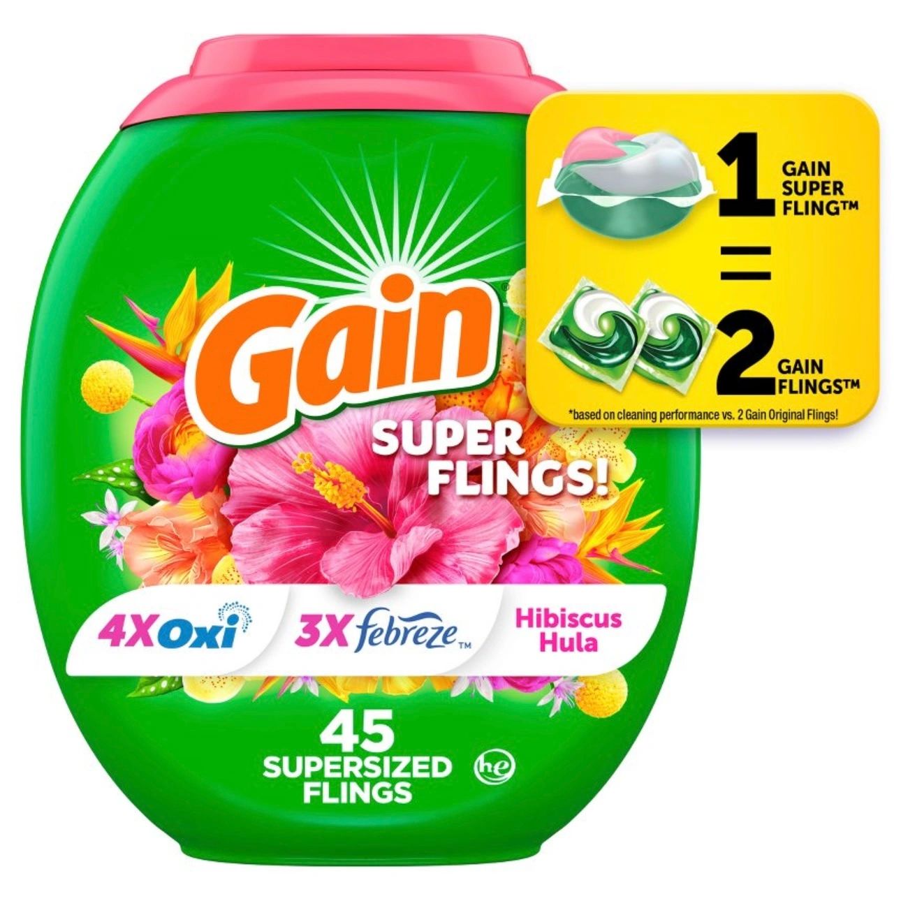 Gain Flings Hibiscus Hula HE Compatible Happy Laundry Detergent Soap Pacs - 45ct