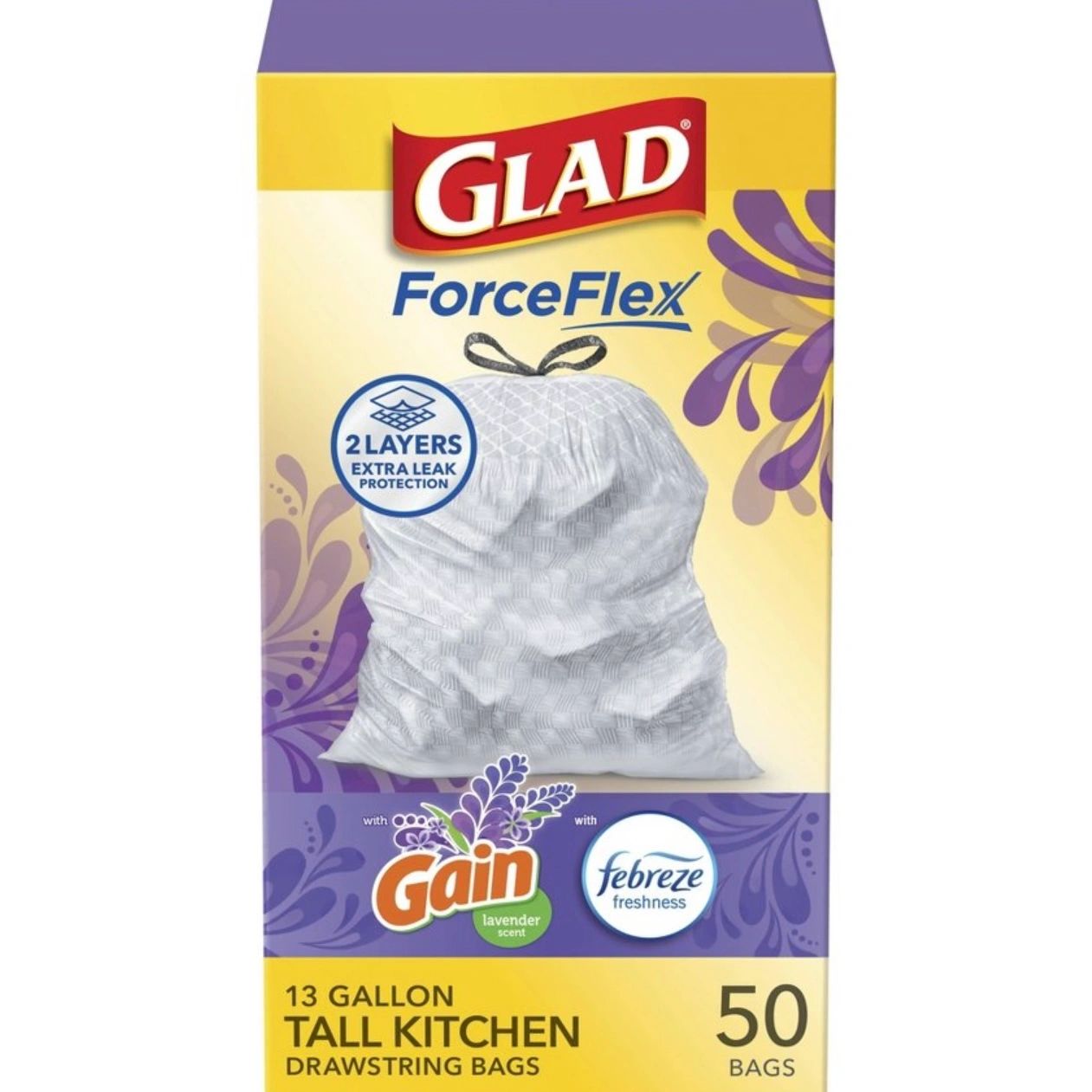 Glad ForceFlex Tall Kitchen Drawstring Trash Bags - Gain Lavender with Febreze Freshness - 13gal