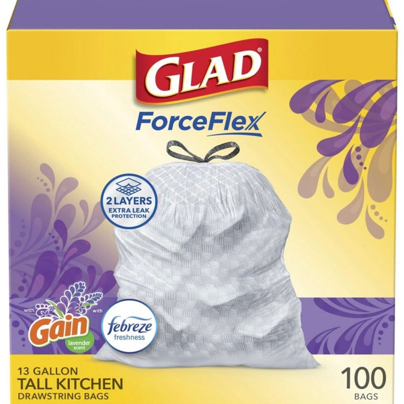 Glad ForceFlex Tall Kitchen Drawstring Trash Bags - Febreze Mediterranean Lavender - 13gal/100ct