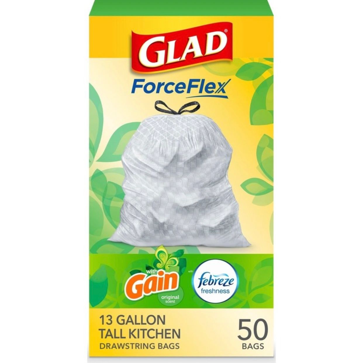Glad Tall Kitchen Drawstring Trash Bags OdorShield - Gain Original with Febreze Freshness - 50ct/13gal