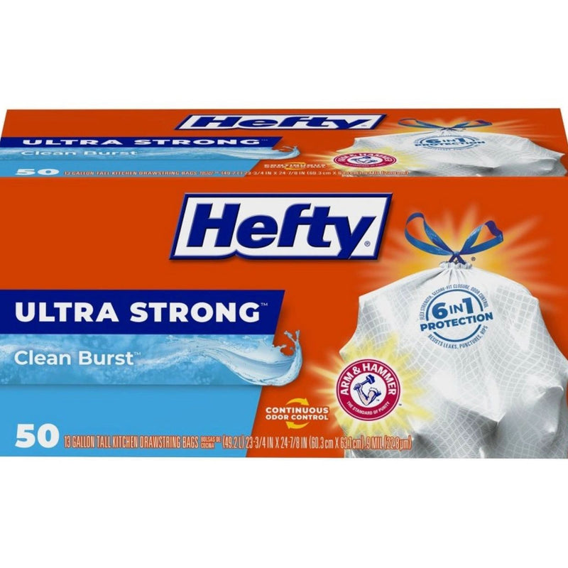Hefty Ultra Strong Tall Kitchen Drawstring Trash Bags - Clean Burst Scent - 13gal - 50ct