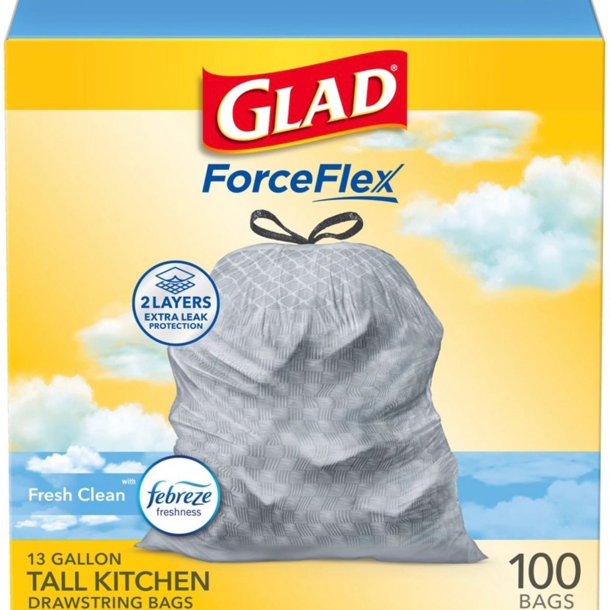 Glad Tall Kitchen Drawstring Trash Bags OdorShield 13gal - Febreze Fresh Clean - Gray - 100ct