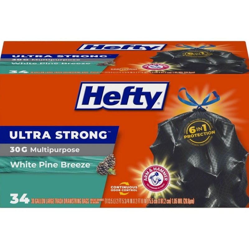 Hefty Ultra Strong White Pine Breeze Large Drawstring Trash Bags 30gal - Black - 34ct