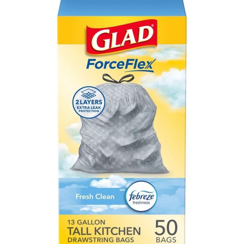 Glad Tall Kitchen Drawstring Trash Bags OdorShield - Febreze Fresh Clean - Gray - 50ct/13gal