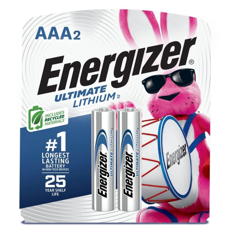 Energizer 2pk Ultimate Lithium AAA Batteries: Household Single-Use, 1.5V, Metallic Silver