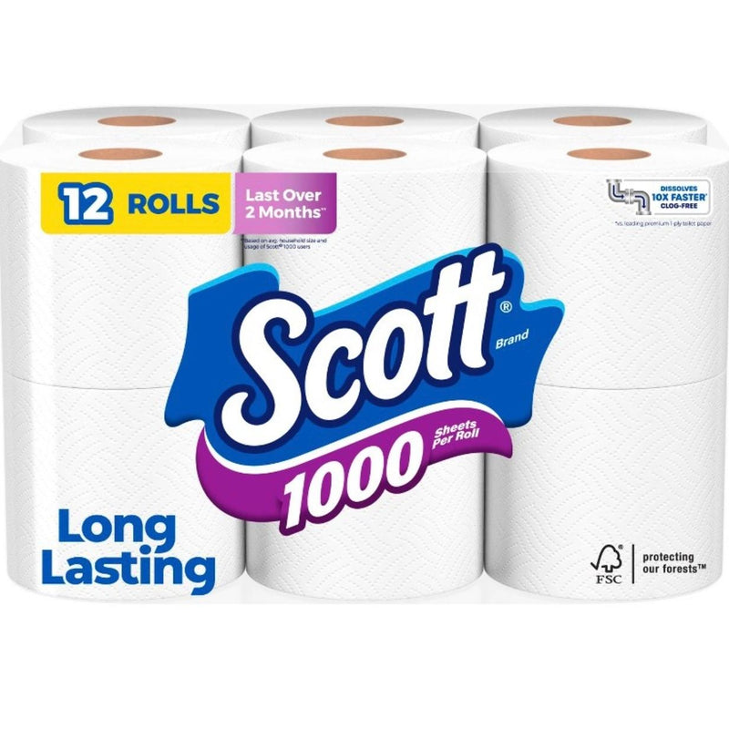 Scott 1000 Septic-Safe 1-Ply Toilet Paper - 12 Rolls
