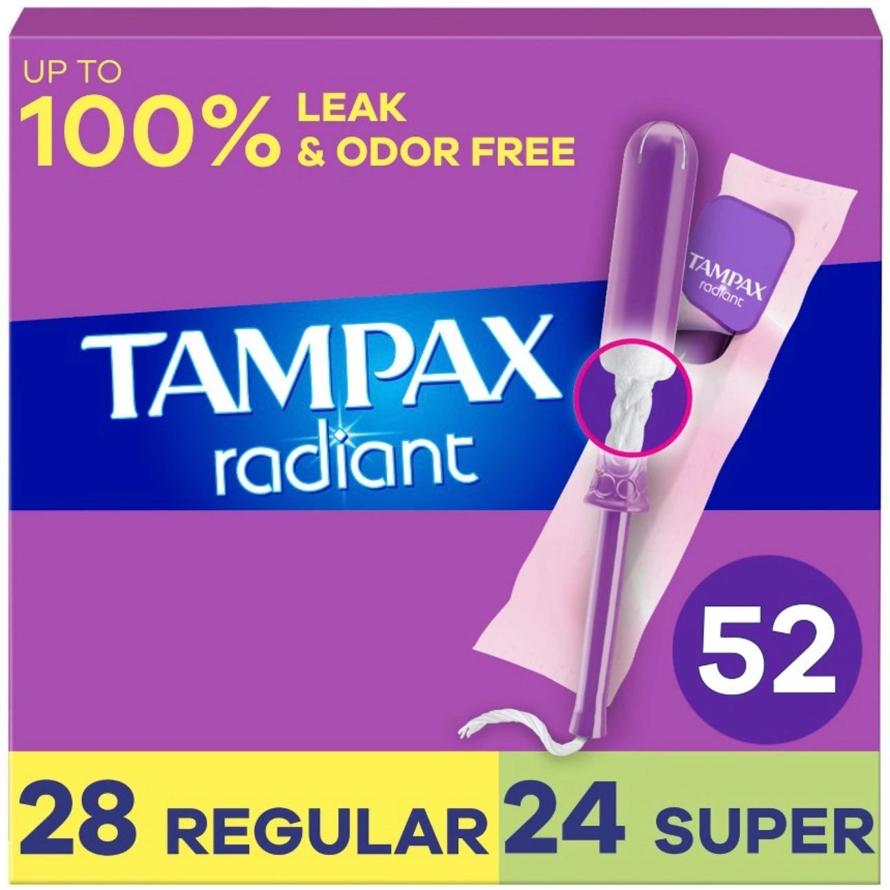 Tampax Radiant Duopack Regular/Super Absorbency Unscented Plastic Tampon - 52ct