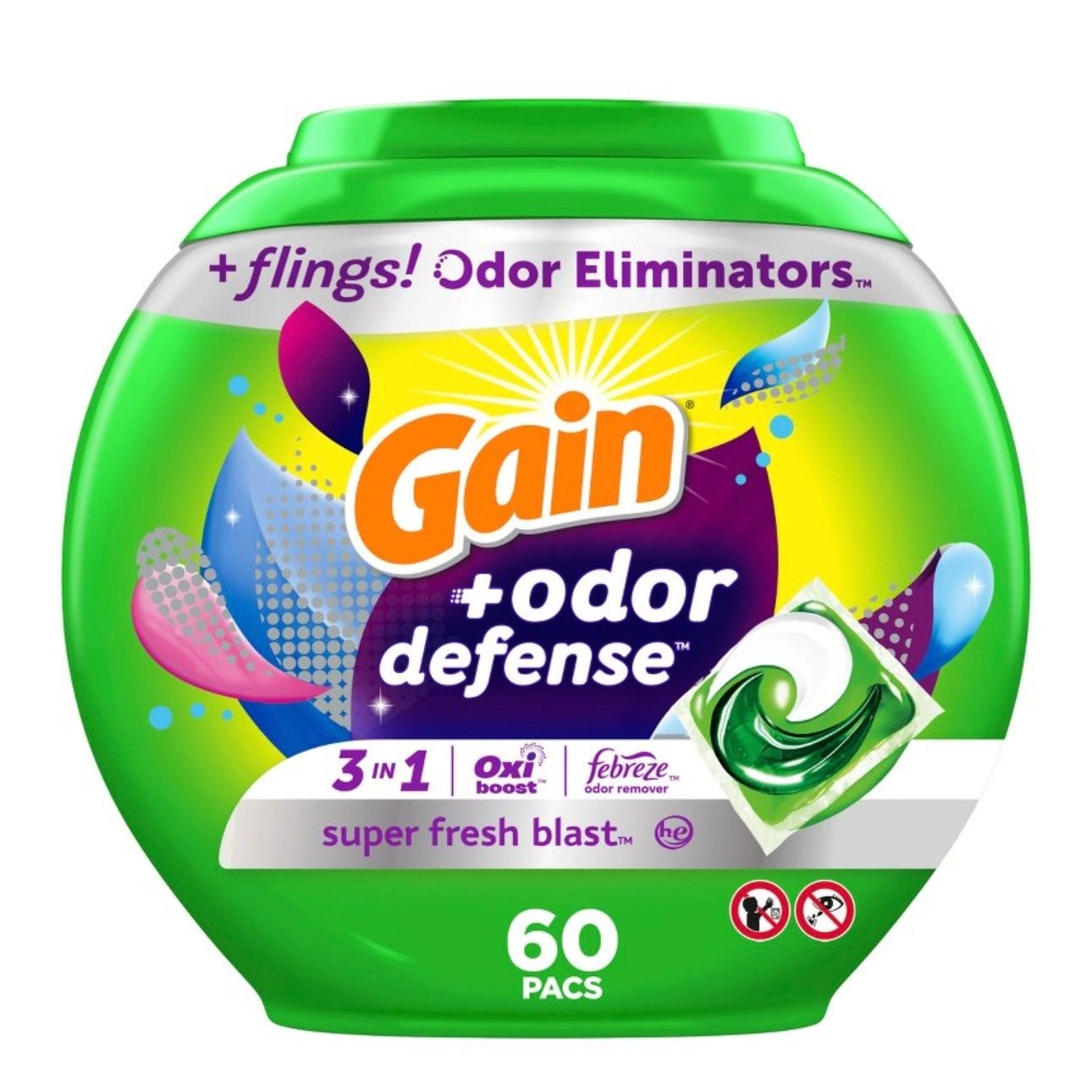 Gain Flings HE Compatible Super Fresh 3-in-1 with Febreze and Oxi Odor Defense Liquid Laundry Detergent Pacs - 42oz/60ct