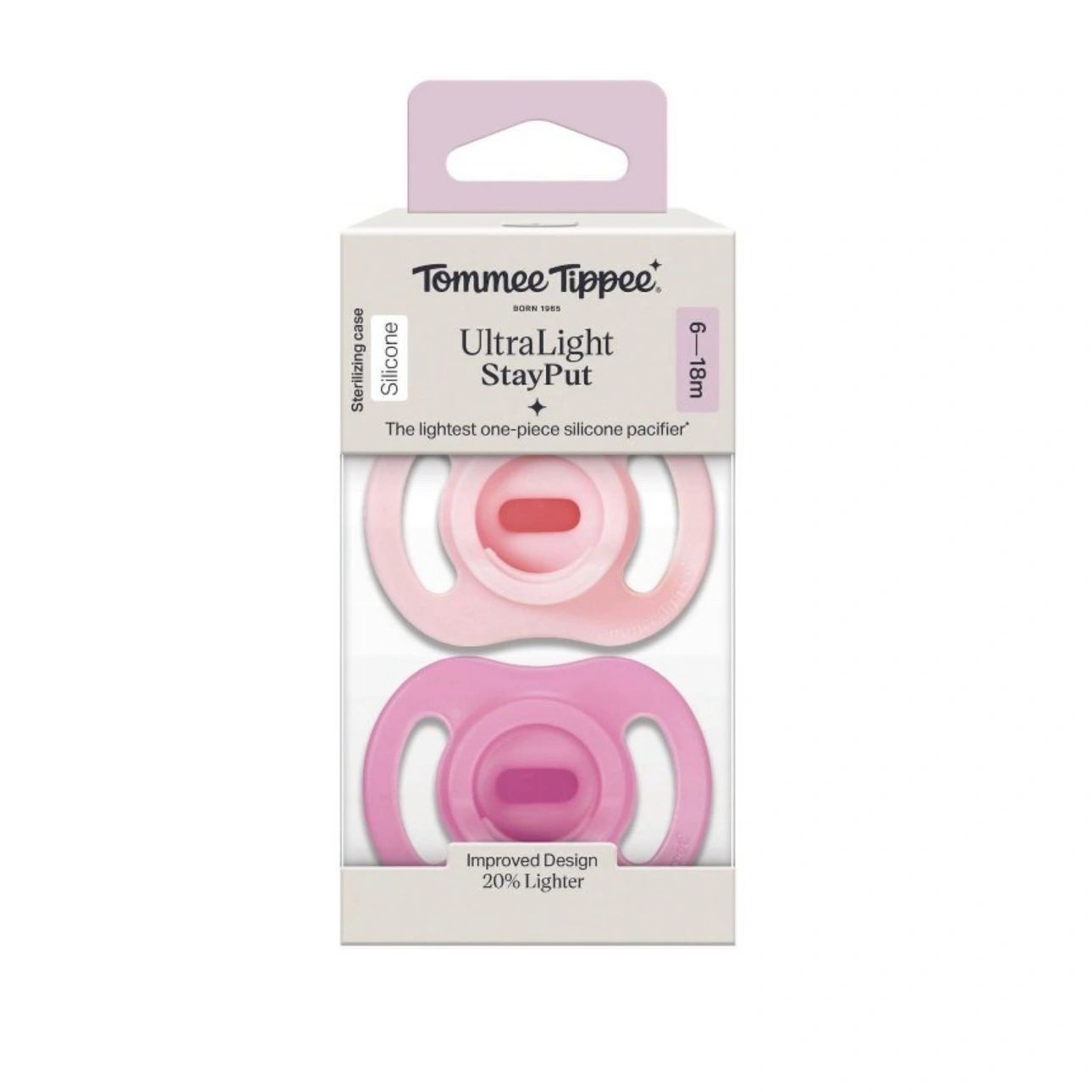 Tommee Tippee UltraLight Stay Put Silicone Pacifier 6-18m - Pink & Purple - 2pk
