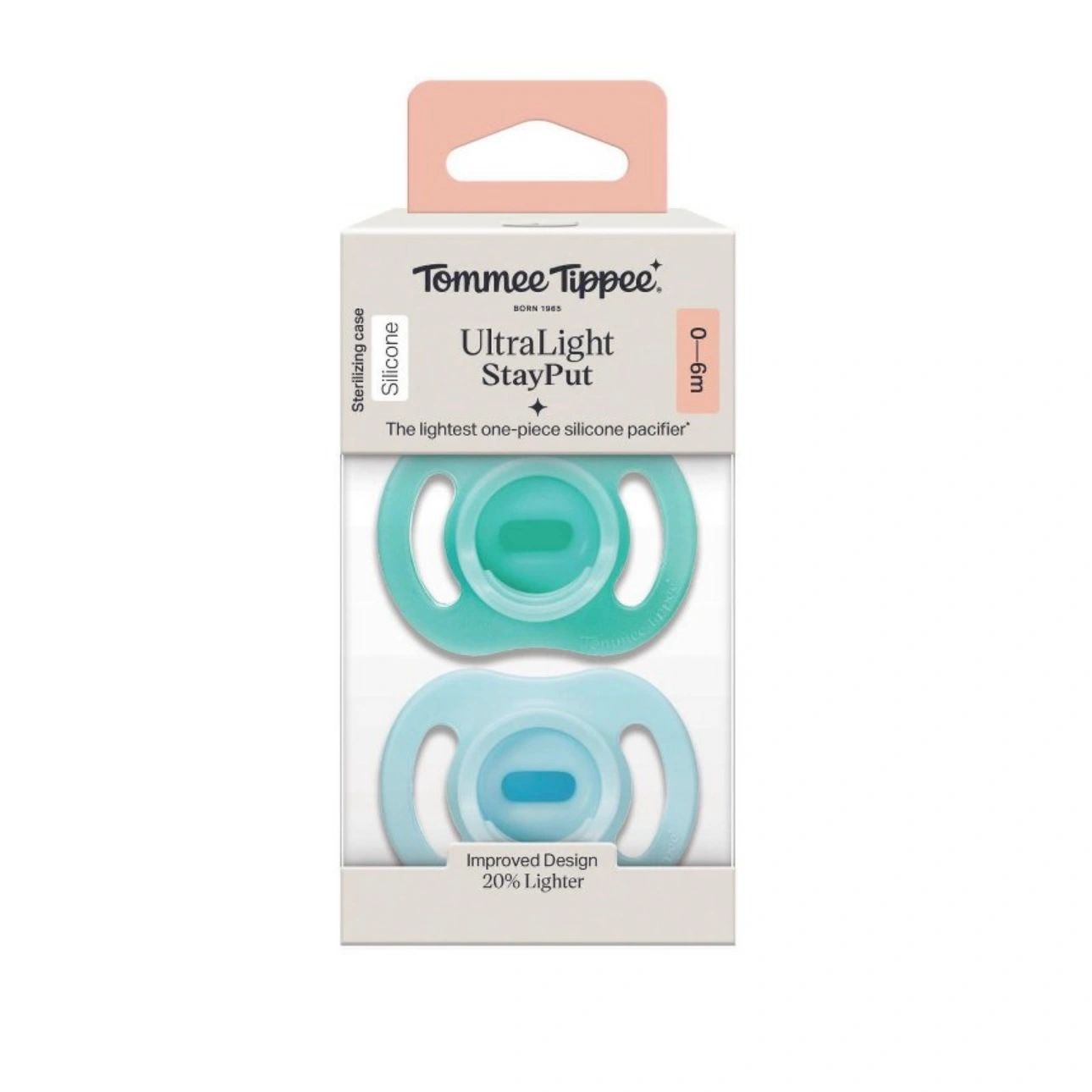 Tommee Tippee UltraLight Stay Put Silicone Pacifier 0-6m - Light Blue & Green - 2pk