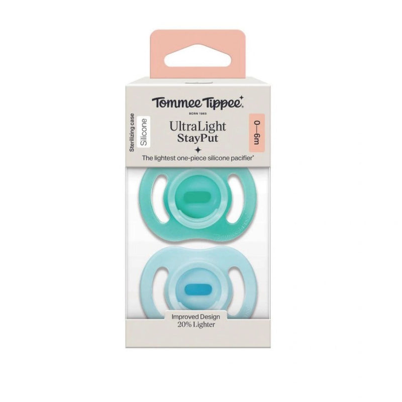 Tommee Tippee UltraLight Stay Put Silicone Pacifier 0-6m - Light Blue & Green - 2pk