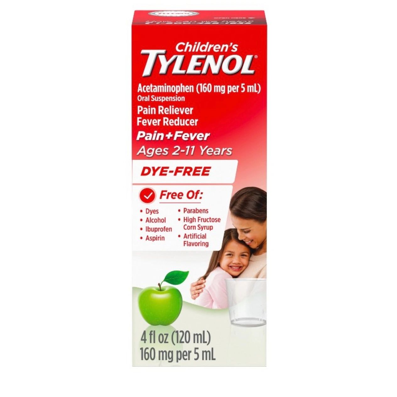 Tylenol Children's Pain + Fever Ages 2 - 11 Years - Apple Flavor Dye-Free Acetaminophen Liquid Suspension- 4 fl oz